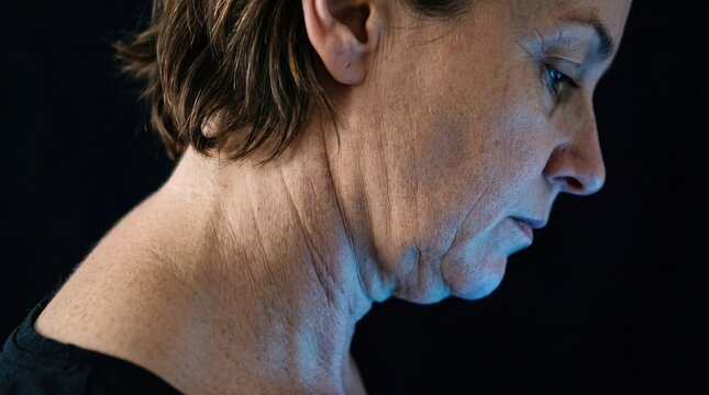 Side profile close up of mature woman neck and jawline showing skin aging and sagging neck wrinkles