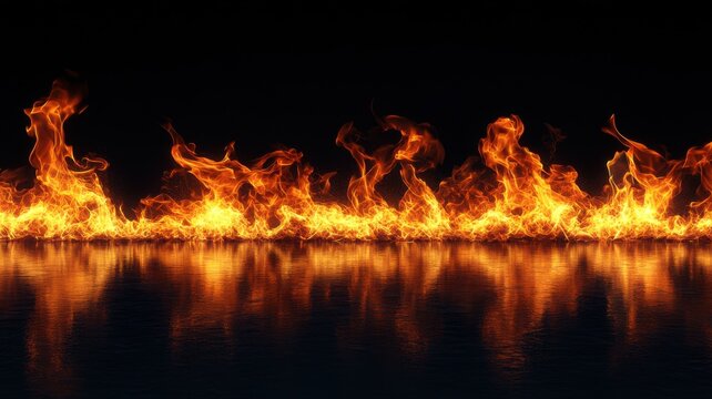 Horizontal Row of Bright, Lively Flames on a Dark Background with Reflection, Fire Texture, and Orange-Yellow Colors for Safety, Heating, or Energy Concepts