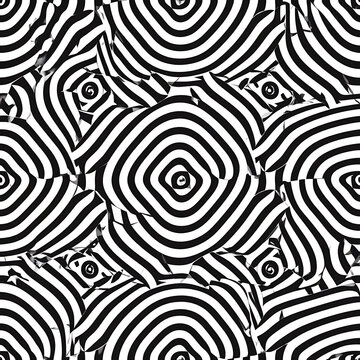 Abstract optical illusion pattern with black and white concentric circles and squares, creates a dizzying effect, seamless tiling