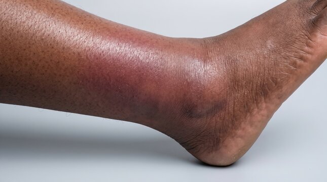 Close up of dark skin leg and ankle showing severe cellulitis redness swelling and localized skin inflammation