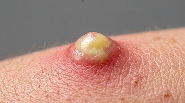 Extreme macro close up of severe inflamed skin boil furuncle with yellow pus head and redness