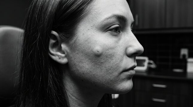 Black and white portrait close up of woman face showing epidermoid cyst bump on cheek skin