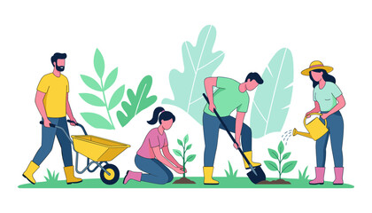 Group of multiethnic volunteers gardening planting sprouts watering plants and pushing wheelbarrow in eco park background