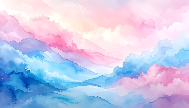 Abstract watercolor sky with soft pink and blue clouds at sunrise or sunset, ethereal and dreamy atmosphere