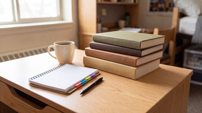 Home study desk with open notebook coffee mug pen and stacked hardcover books in soft natural window light
