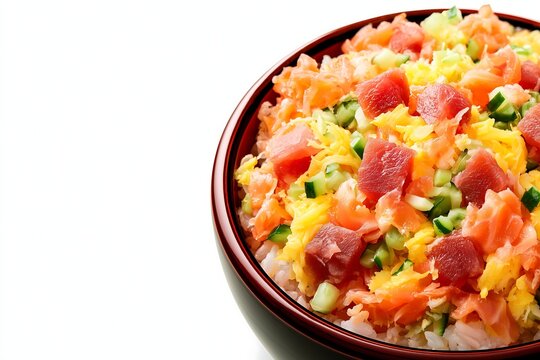 Japanese chirashi sushi bowl with diced tuna and salmon with large white copy space left