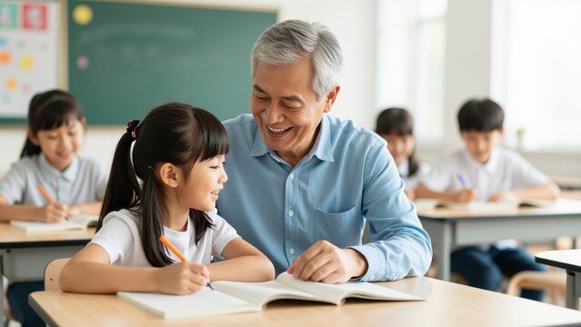 Male teacher smiling and engaging with young female student in a classroom setting with other children, educational environment, learning, teaching, school, teamwork, childhood edu