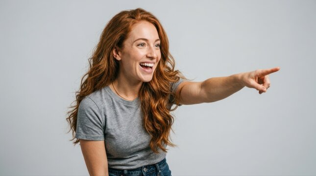 Woman pointing excitedly with red hair