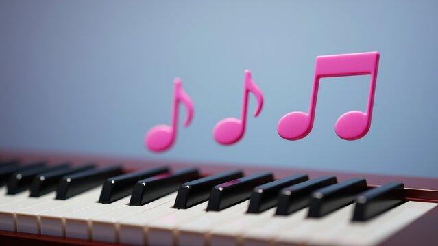 Close-up of a black and white piano keyboard with pink musical note icons floating above, emphasizing music, melody, and musical instruments in a modern, creative style
