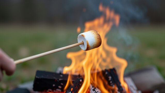 Close-up of a marshmallow on a wooden stick roasted over an open campfire, outdoors with flames and smoke for camping and outdoor cooking concepts