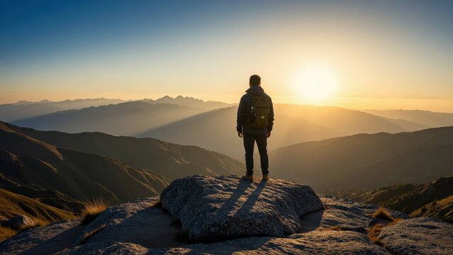 Silhouette of a person with a backpack standing on a large rock overlooking mountain ranges at sunrise, outdoor adventure, exploration, and nature scenery