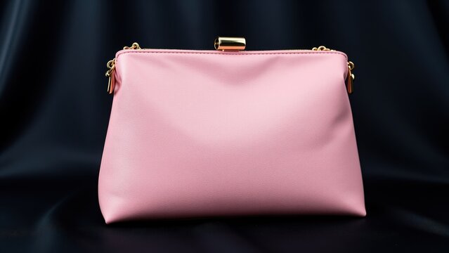 Elegant pink clutch bag with gold accents on black satin background, luxury fashion accessory, feminine style, minimalistic design, high-quality material, evening wear, wedding acc