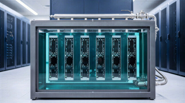Enterprise liquid immersion cooling tank with submerged server blade modules in clear teal dielectric fluid. High performance computing infrastructure in modern data center server room facility