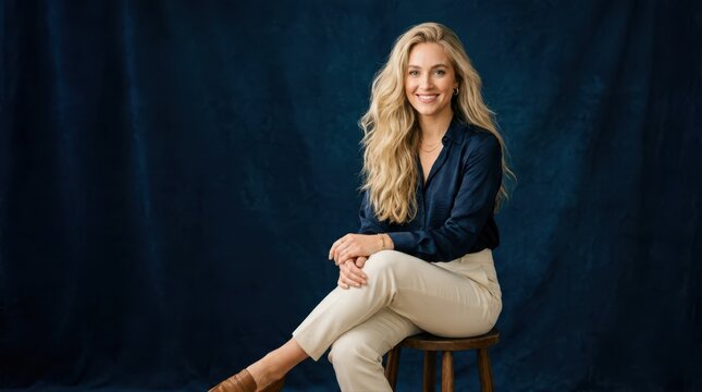 Young Woman Smiling Sitting on Stool Against Blue Backdrop