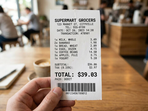 A person holding a grocery store receipt showing purchased food items and total cost