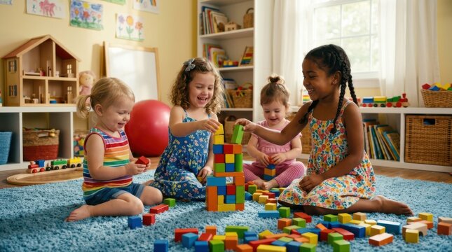 Diverse children playing with colorful building blocks together