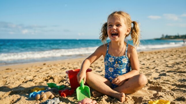 Joyful girl playing with sand toys on sunny beach