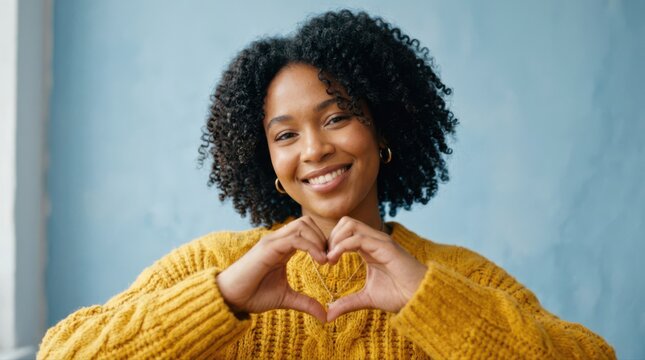 Woman Makes Heart Shape With Hands In Yellow Sweater