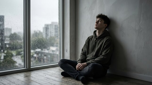 Young man sitting by rainy window looking up thoughtfully