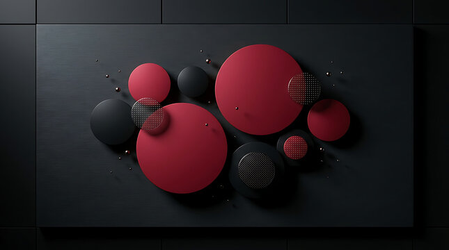 Abstract top view of layered red and black circular discs with dotted texture on dark surface