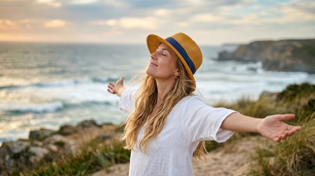 Woman with arms open embracing the ocean breeze
