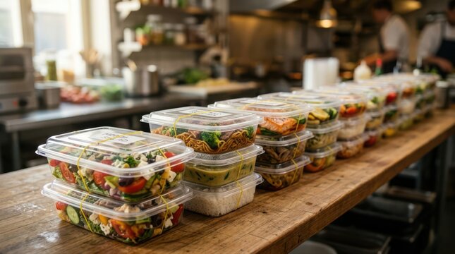 Healthy Prepared Meals Ready for Delivery in Restaurant Kitchen