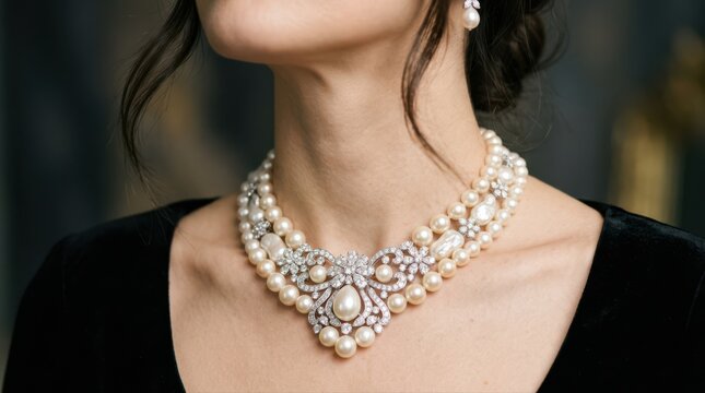 Elegant Pearl Diamond Necklace and Earring on Woman