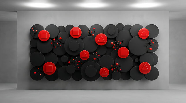 Large contemporary wall art installation featuring layered red and black geometric circles, interior