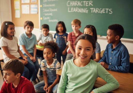 Diverse group of elementary school students in a classroom with character learning targets on the chalkboard