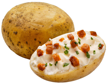 Baked Potatoes with cashew sour cream, tempeh bacon isolated on white background, Roast Potatoes isolated on white background with png file.