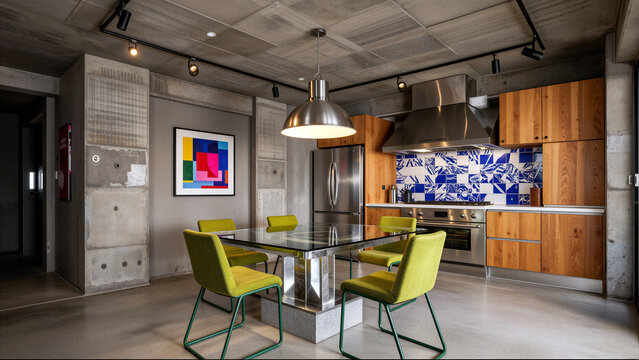 Modern kitchen and dining area with concrete and wood elements