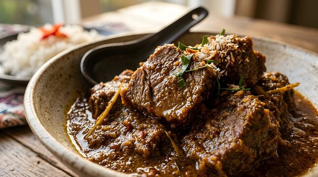 Traditional Indonesian beef rendang served in a rustic ceramic bowl with white rice.