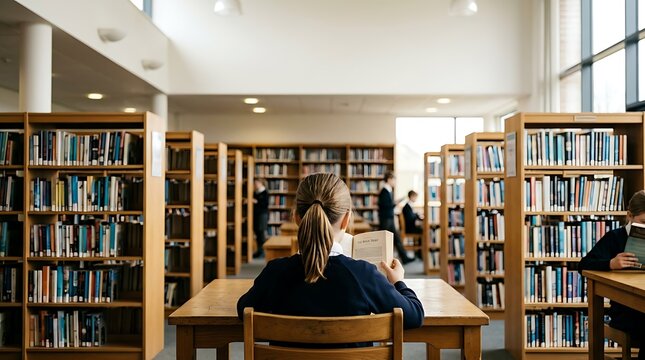 Focused young female student in school uniform reading a thick hardcover book while sitting at wooden table inside bright library