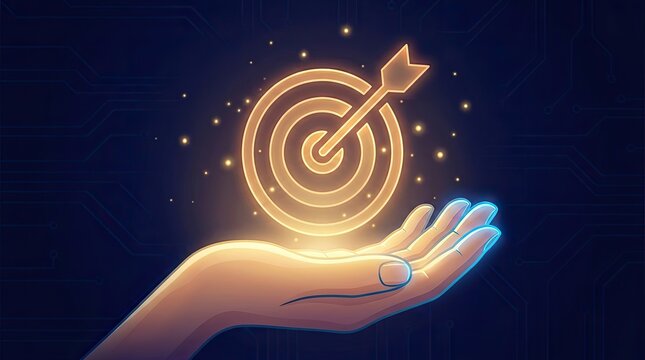 A glowing golden dart hitting a target center displayed through advanced digital holography held in a human hand
