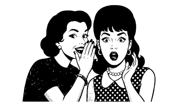 Retro pop art women whispering gossip and sharing a secret comic cartoon vector illustration