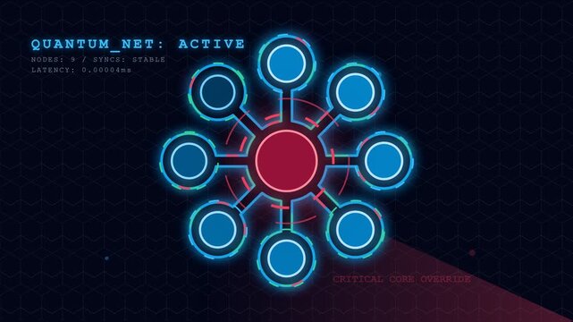 Network quantum nodes animation in technology data visualization of digital networking infrastructure computer science