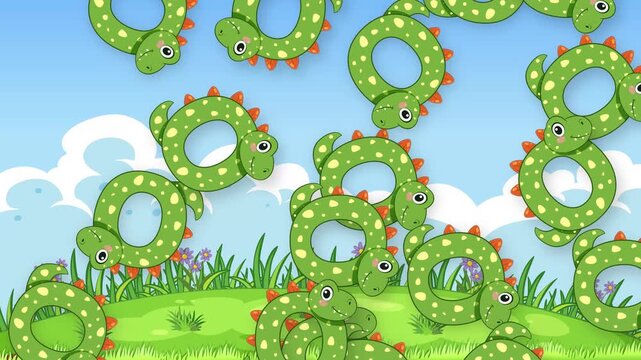 Cartoon Dinosaur Objects Falling Over a Grassy Hill Background