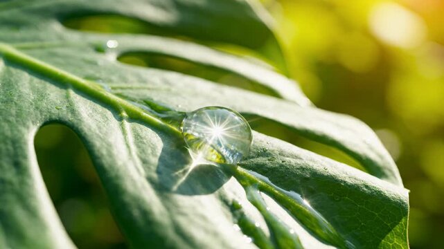 Macro close up fresh green leaf with glistening water droplet, dew, moisture, reflecting sunlight, natures purity, serene beauty, vibrant dewdrop on lush foliage
