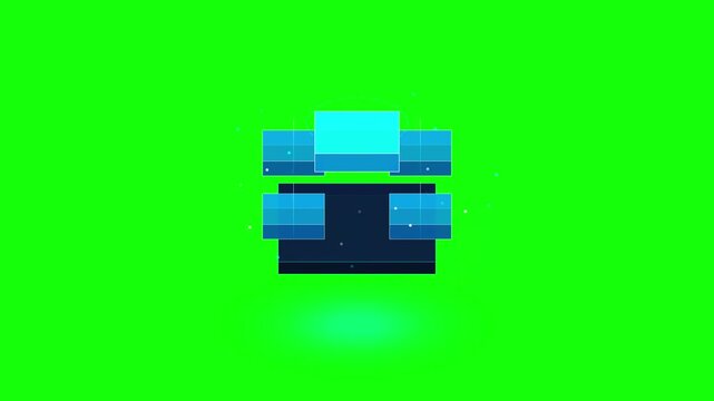 Futuristic cybernetic gift box animation with blue neon glow and digital pixel effects on green screen