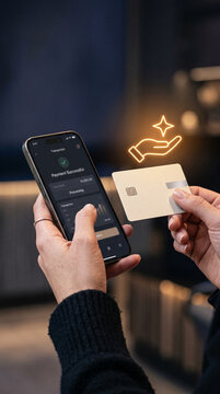 Smartphone transaction successful, showcasing digital payment with a credit card and glowing hand icon, symbolizing modern commerce and success.