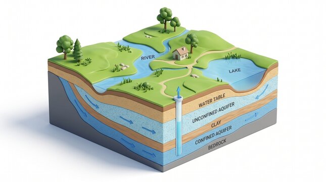 3D Groundwater Aquifer Cross Section with Water Table, Well and Underground Water Flow, Hydrology and Earth Science Illustration Water Table Educational Illustration