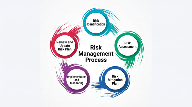 Circular diagram illustrating the risk management process with five steps: identification, assessment, mitigation, implementation, and review, symbolizing strategic planning and control.