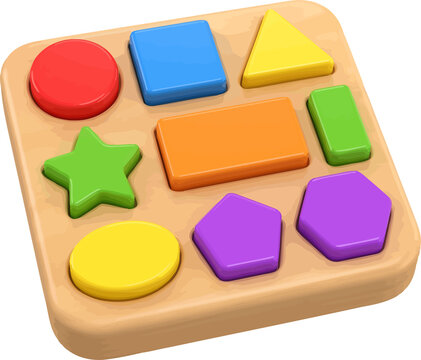 Wooden children shape sorter toy board with colorful geometric pieces isolated.