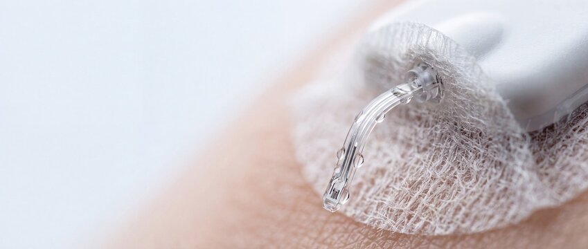 Medical insulin pump infusion set with transparent cannula attached to human skin for continuous glucose monitoring and treatment.
