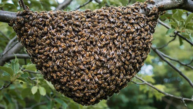 Large Swarm of Honeybees Clustered on a Tree Branch Outdoors