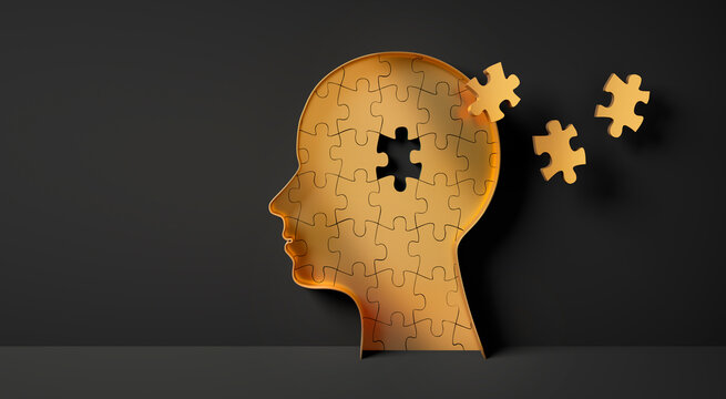 Conceptual artwork showing a golden 3D silhouette of a head surrounded by group of puzzle pieces, symbolizing mental input, activity, intelligence, or creativity - 3D illustration on dark background