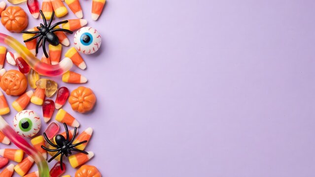 Halloween candy border with spiders and eyeballs on a purple background