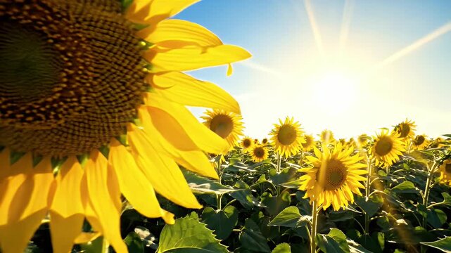 Vast sunflower field under a bright blue sky with warm sun rays and soft clouds, celebrating nature's beauty
