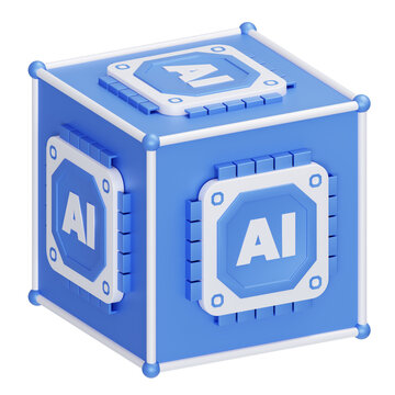 Blue AI processor chip cube icon 3D rendering for technology app design