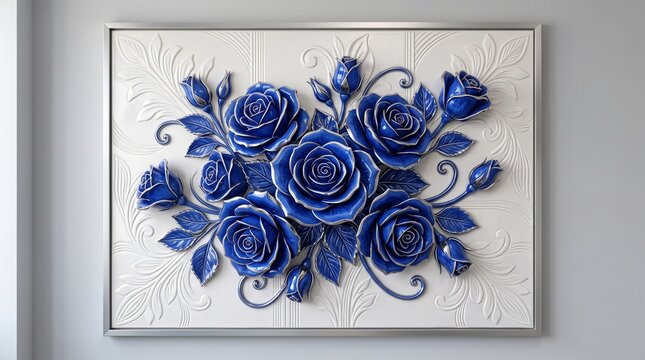 3D Bas Relief Wall Art Sculpture with Royal Blue Roses and Silver Metallic Edges in Frame